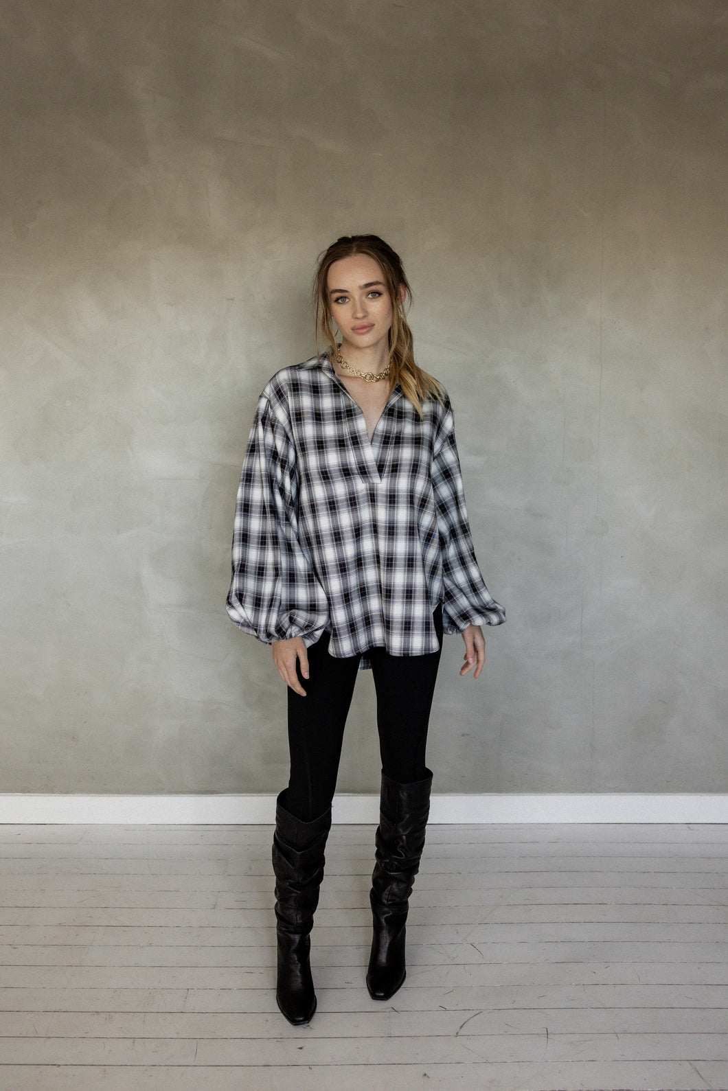 Be Ok Puff Sleeve Shirt - Black Plaid