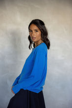 Load image into Gallery viewer, Melody wears the Ever Be Round Neck Sweater in Azure Blue form MAZU
